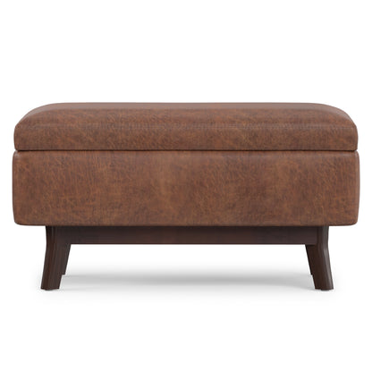 Distressed Saddle Brown Distressed Vegan Leather | Owen Small Rectangular Storage Ottoman in Distressed Vegan Leather
