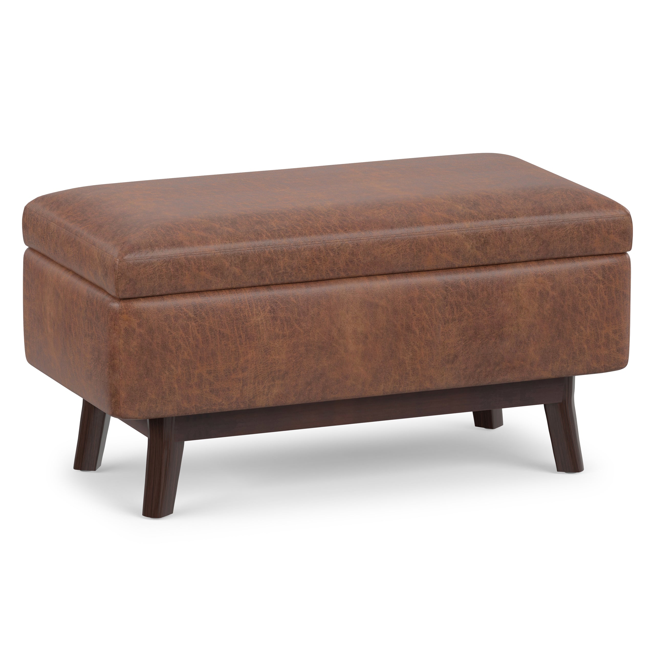 Distressed Saddle Brown Distressed Vegan Leather | Owen Small Rectangular Storage Ottoman in Distressed Vegan Leather