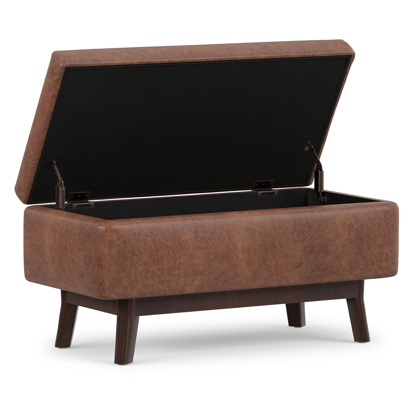 Distressed Saddle Brown Distressed Vegan Leather | Owen Small Rectangular Storage Ottoman in Distressed Vegan Leather