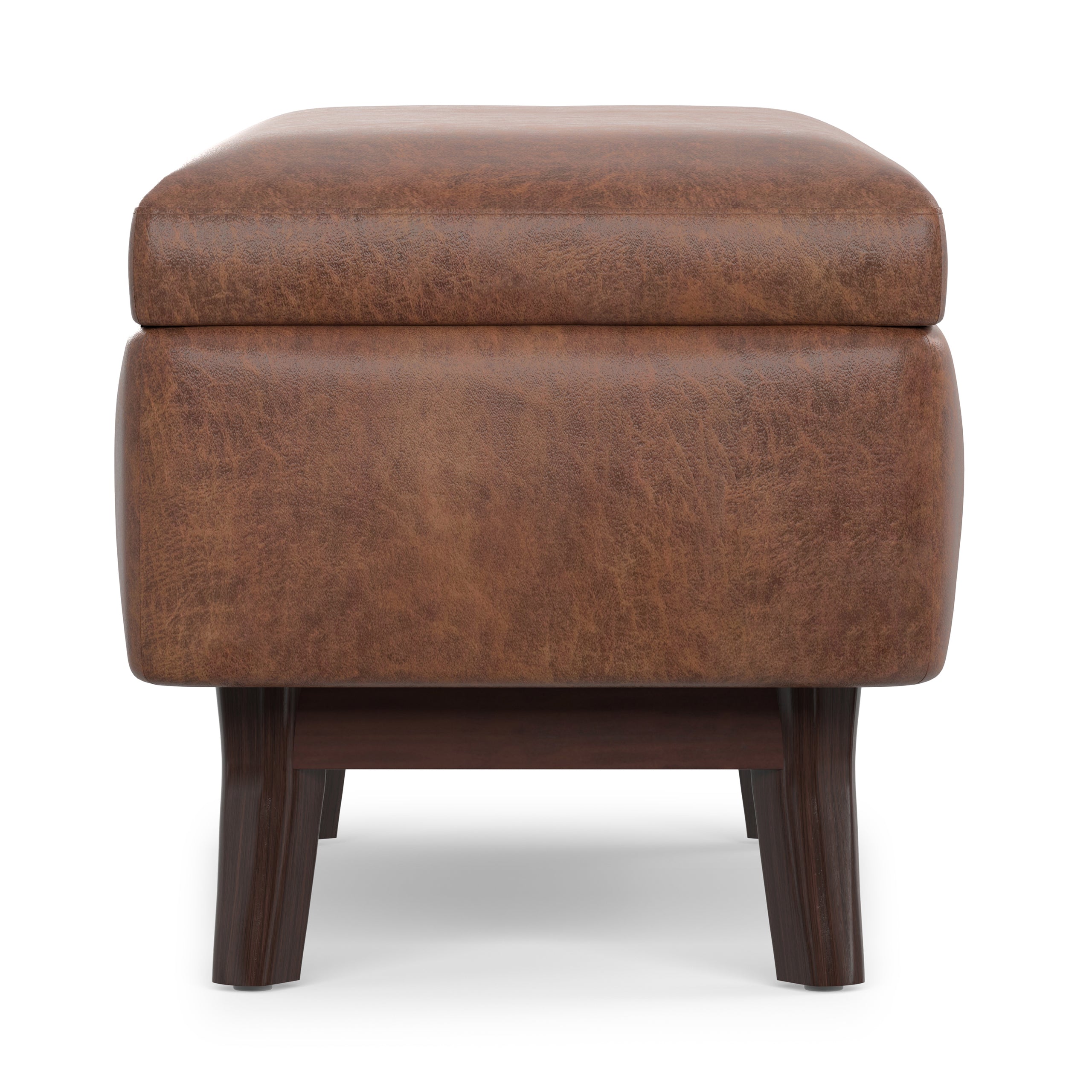Distressed Saddle Brown Distressed Vegan Leather | Owen Small Rectangular Storage Ottoman in Distressed Vegan Leather