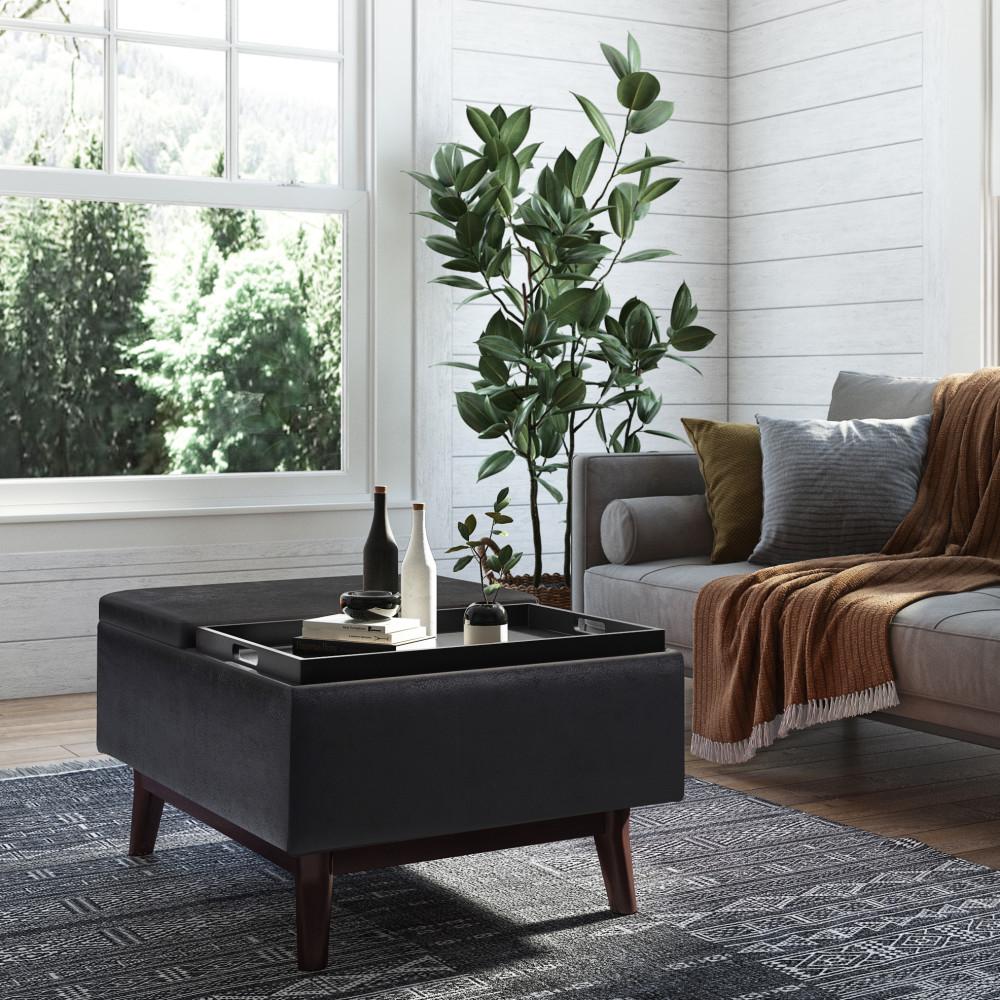 Distressed Black Distressed Vegan Leather | Owen Tray Top Small Coffee Table Storage Ottoman