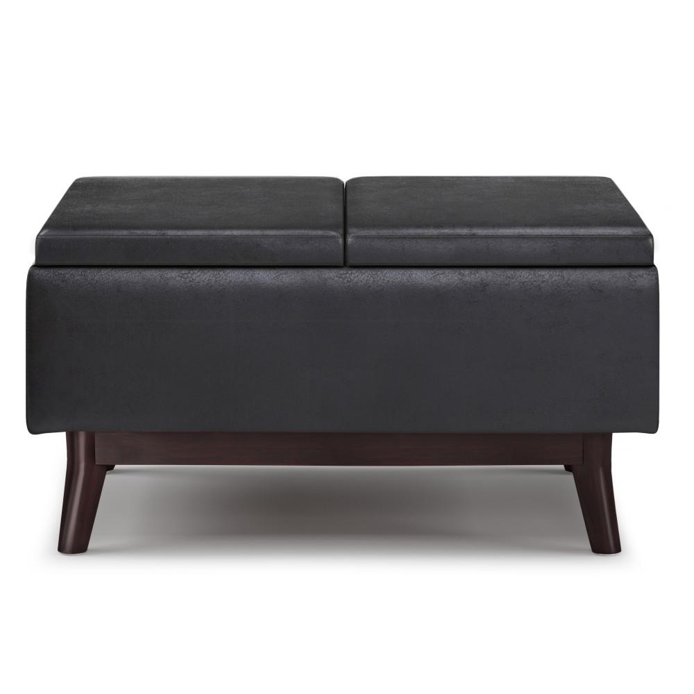 Distressed Black Distressed Vegan Leather | Owen Tray Top Small Coffee Table Storage Ottoman