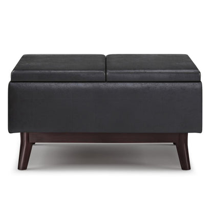 Distressed Black Distressed Vegan Leather | Owen Tray Top Small Coffee Table Storage Ottoman