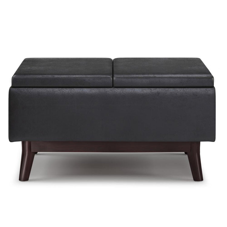 Distressed Black Distressed Vegan Leather | Owen Tray Top Small Coffee Table Storage Ottoman