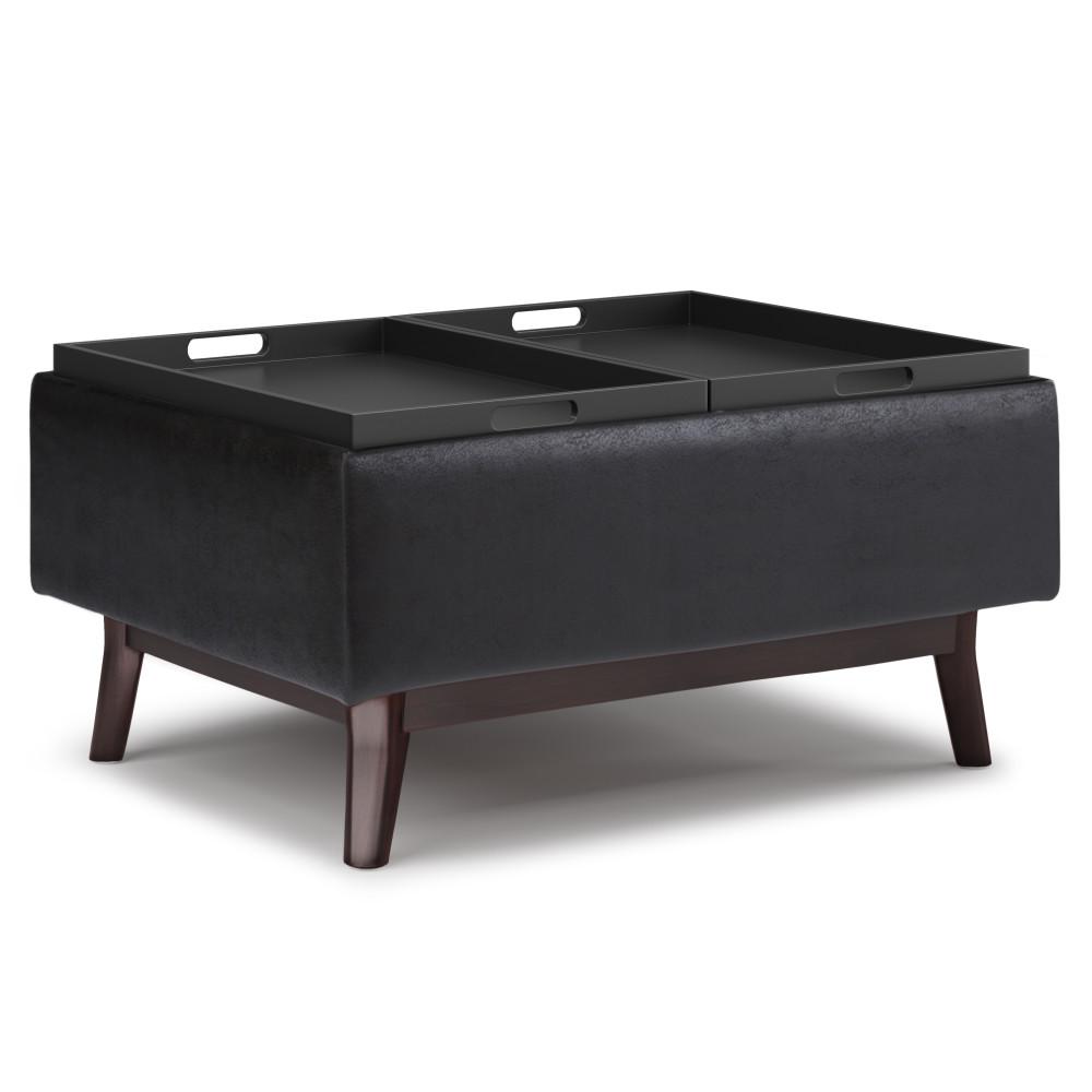 Distressed Black Distressed Vegan Leather | Owen Tray Top Small Coffee Table Storage Ottoman