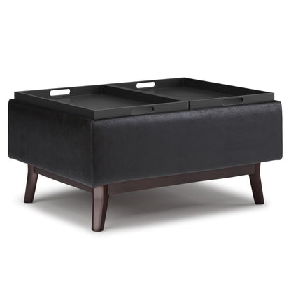 Distressed Black Distressed Vegan Leather | Owen Tray Top Small Coffee Table Storage Ottoman