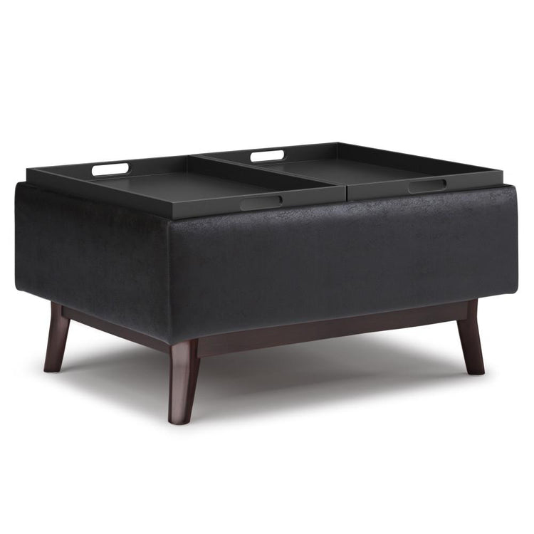 Distressed Black Distressed Vegan Leather | Owen Tray Top Small Coffee Table Storage Ottoman