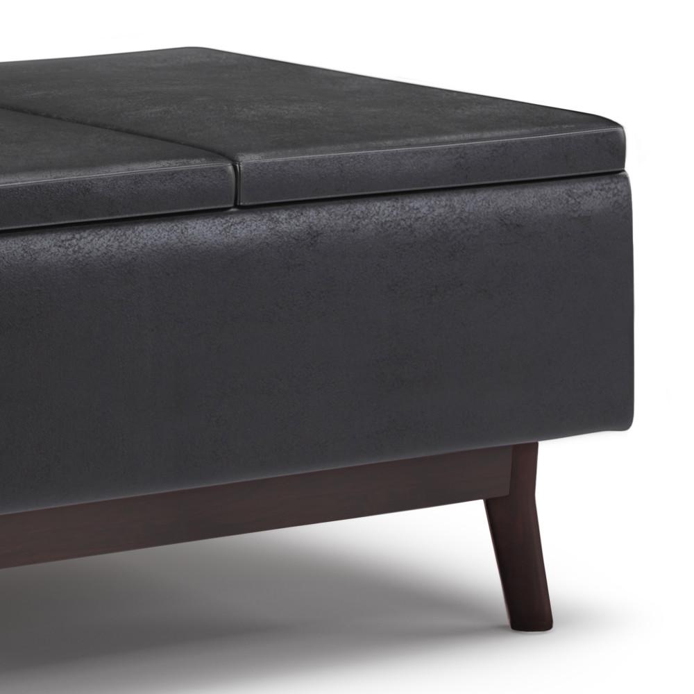Distressed Black Distressed Vegan Leather | Owen Tray Top Small Coffee Table Storage Ottoman
