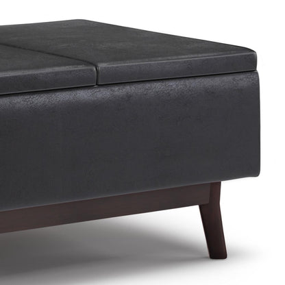 Distressed Black Distressed Vegan Leather | Owen Tray Top Small Coffee Table Storage Ottoman