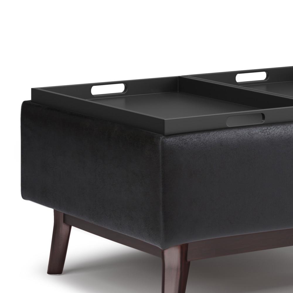 Distressed Black Distressed Vegan Leather | Owen Tray Top Small Coffee Table Storage Ottoman