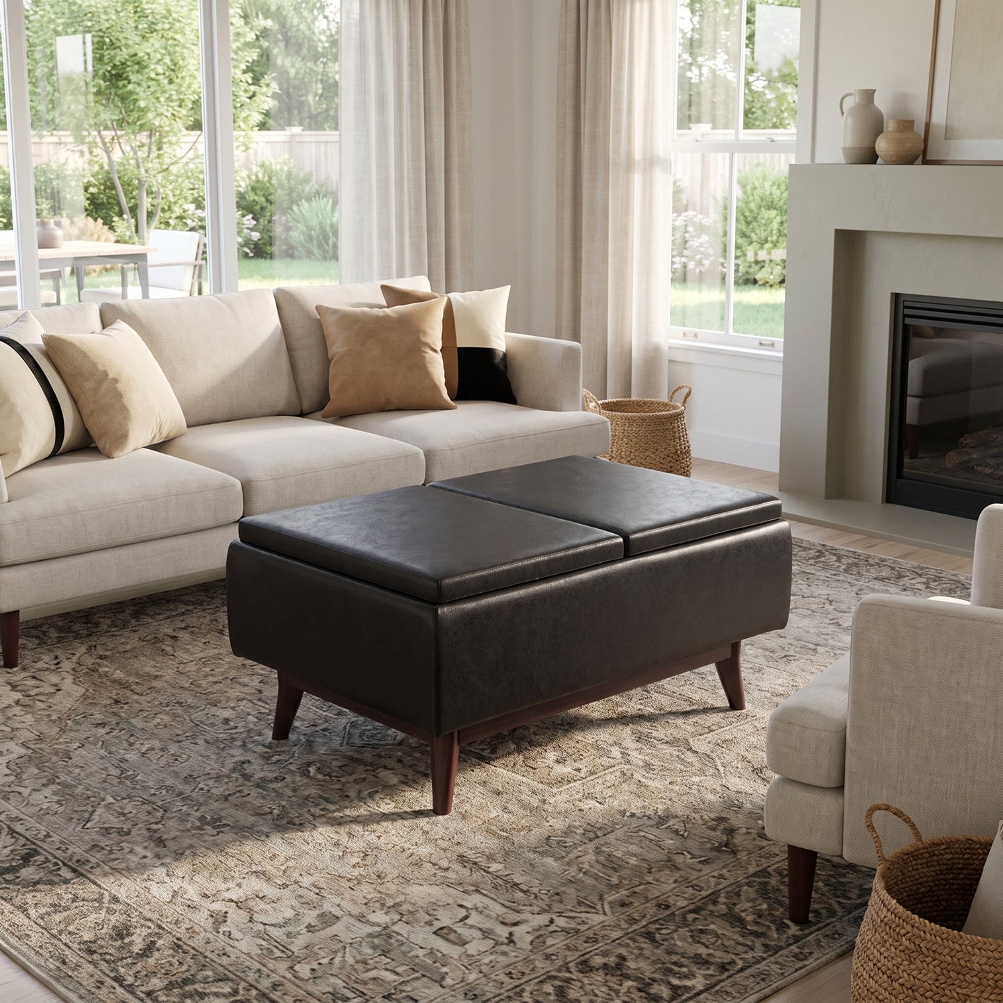 Distressed Black Distressed Vegan Leather | Owen Tray Top Small Coffee Table Storage Ottoman