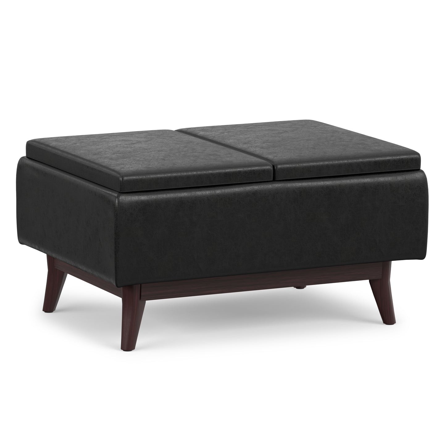 Distressed Black Distressed Vegan Leather | Owen Tray Top Small Coffee Table Storage Ottoman