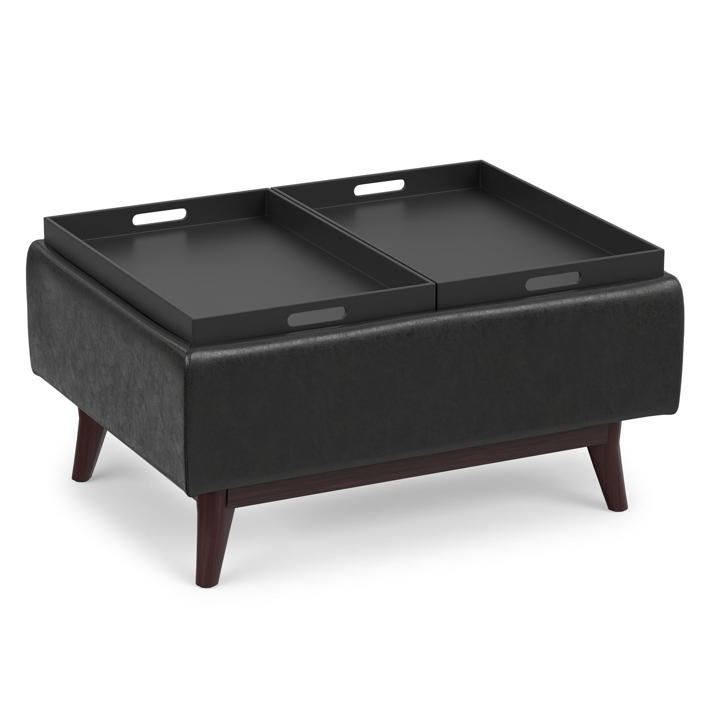 Distressed Black Distressed Vegan Leather | Owen Tray Top Small Coffee Table Storage Ottoman