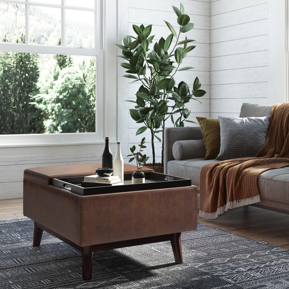 Distressed Chestnut Brown Distressed Vegan Leather | Owen Tray Top Small Coffee Table Storage Ottoman