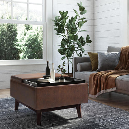 Distressed Chestnut Brown Distressed Vegan Leather | Owen Tray Top Small Coffee Table Storage Ottoman