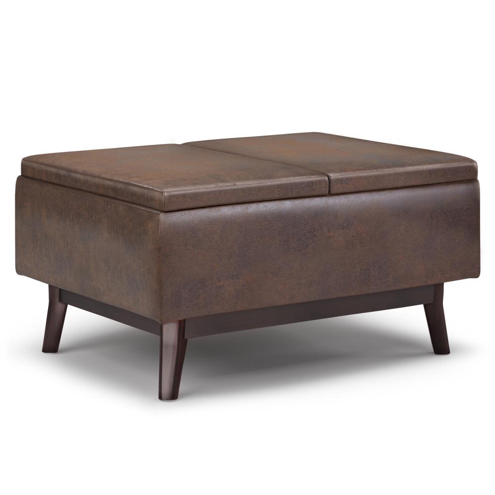 Distressed Chestnut Brown Distressed Vegan Leather | Owen Tray Top Small Coffee Table Storage Ottoman