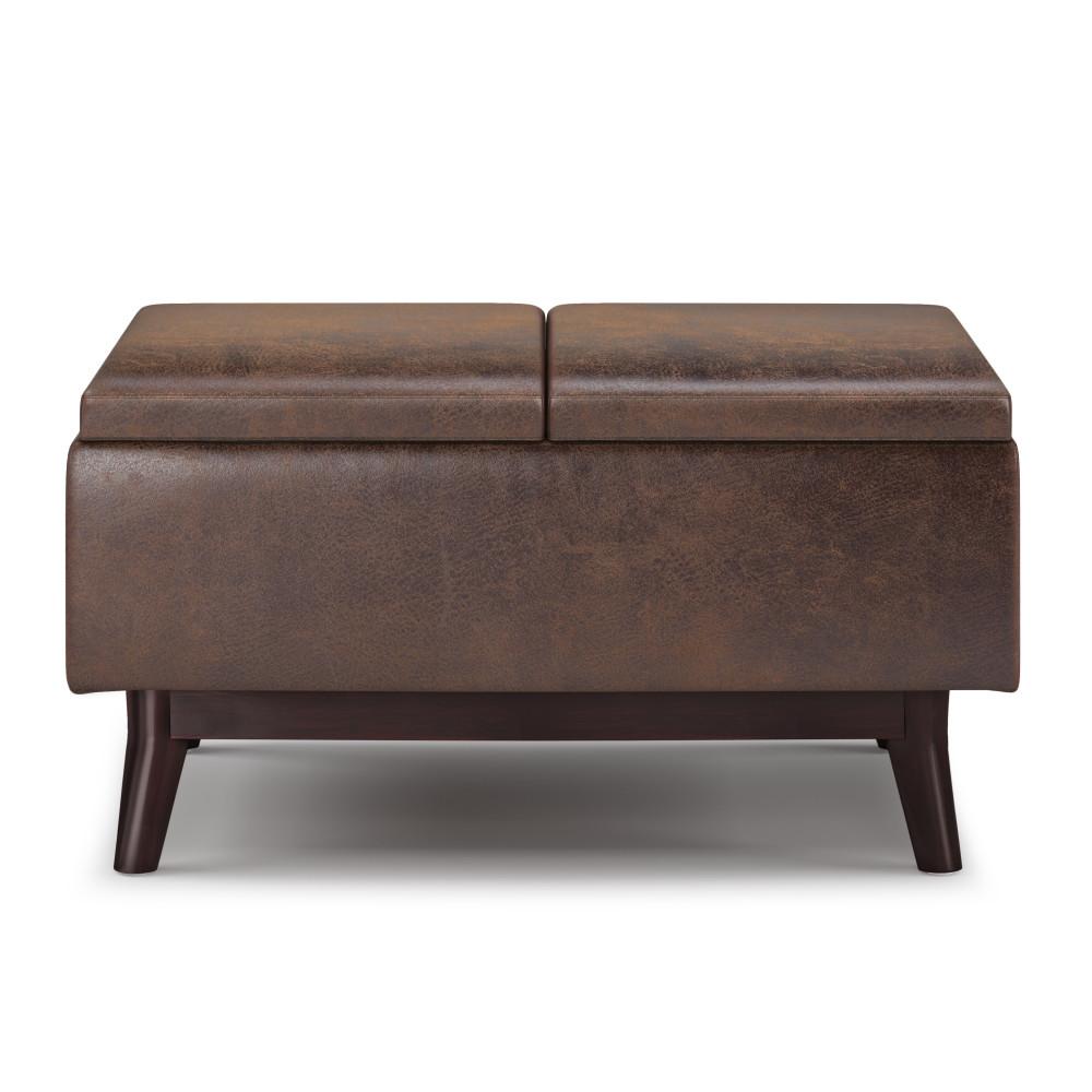 Distressed Chestnut Brown Distressed Vegan Leather | Owen Tray Top Small Coffee Table Storage Ottoman