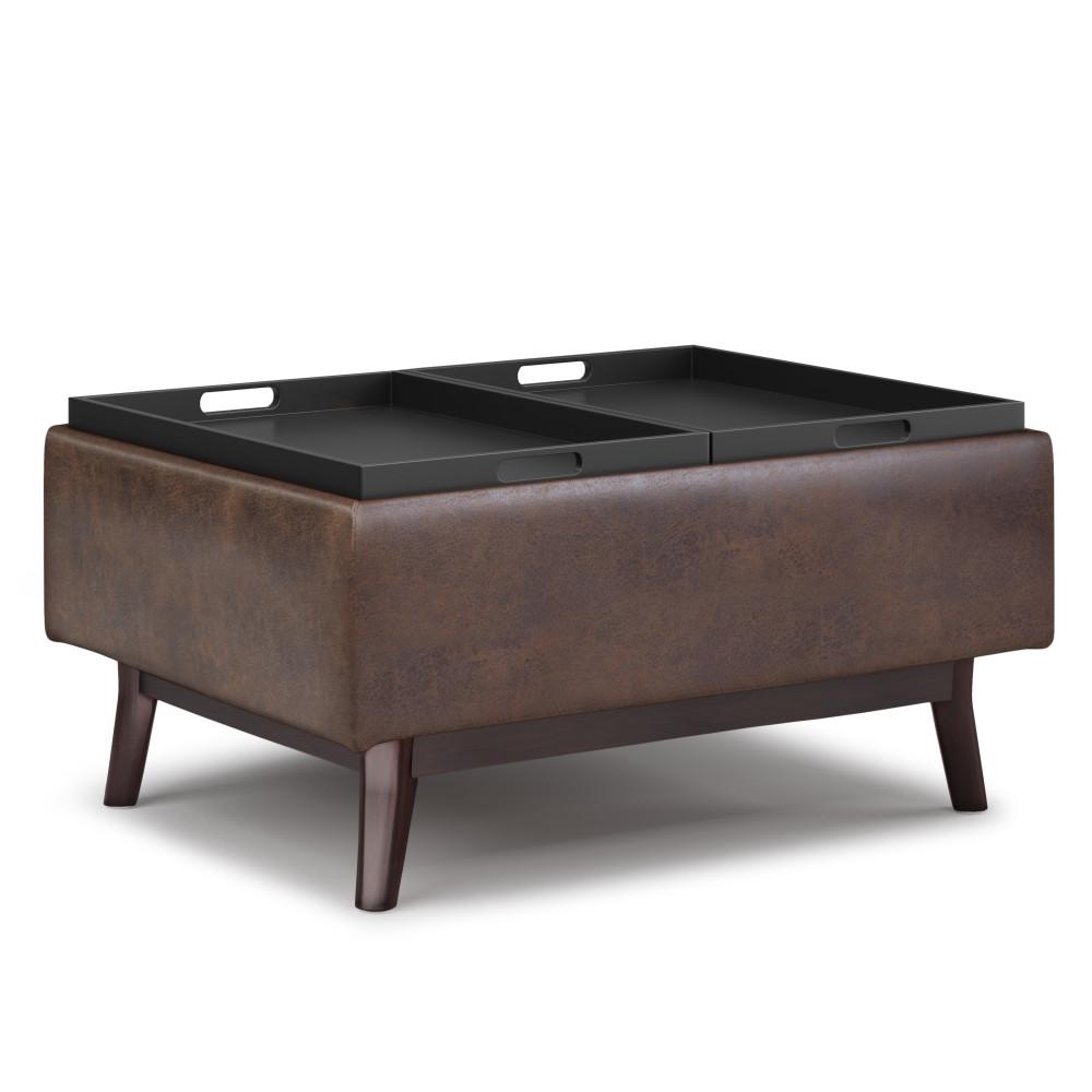 Distressed Chestnut Brown Distressed Vegan Leather | Owen Tray Top Small Coffee Table Storage Ottoman