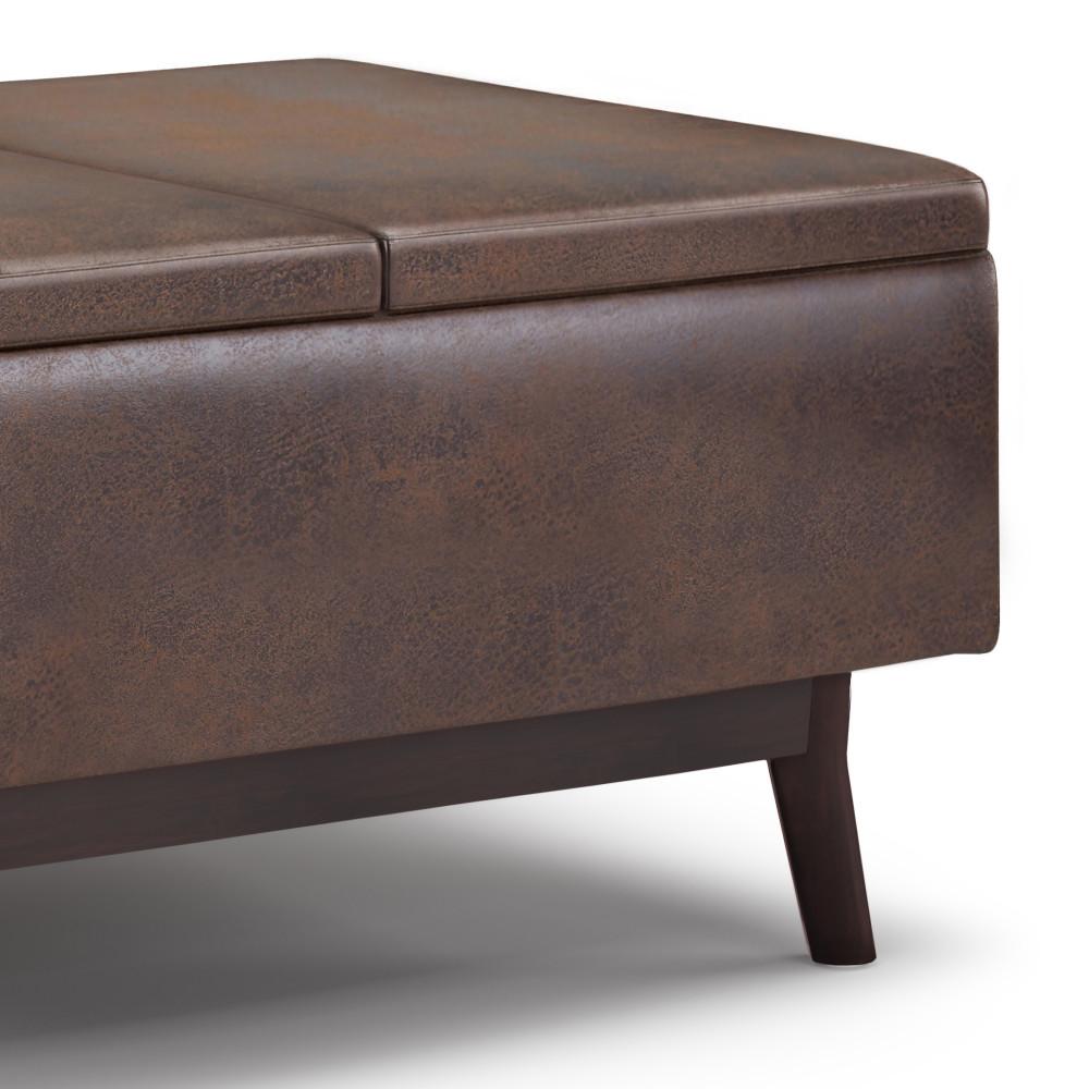 Distressed Chestnut Brown Distressed Vegan Leather | Owen Tray Top Small Coffee Table Storage Ottoman