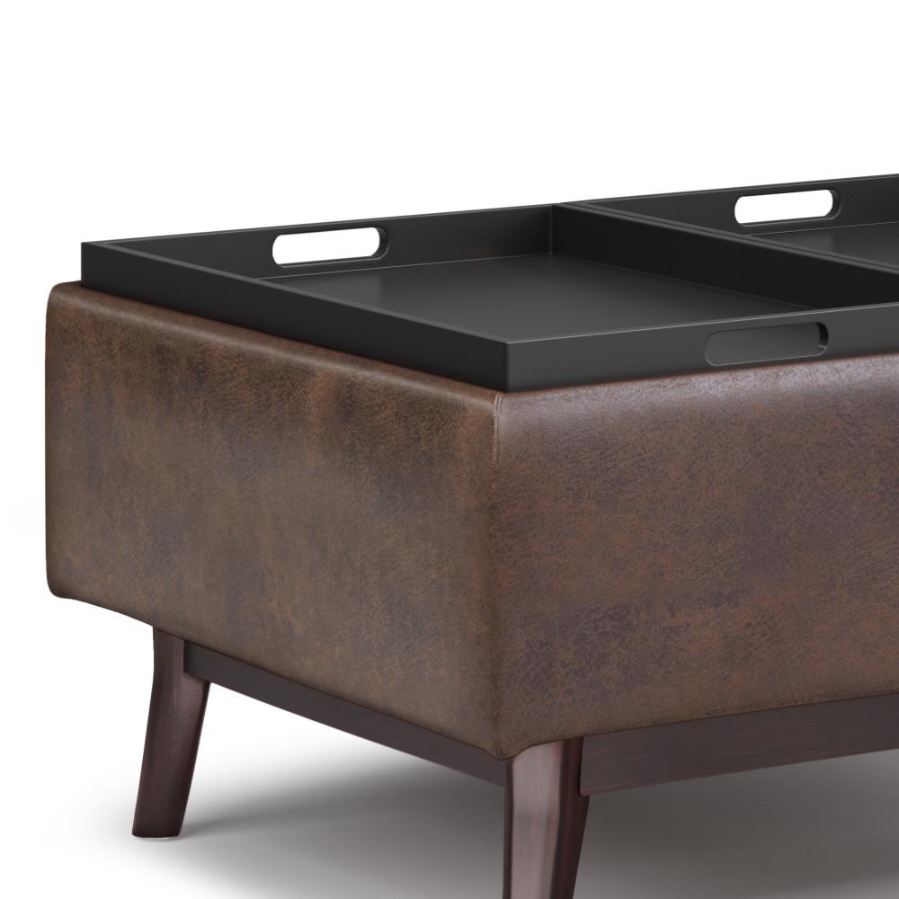 Distressed Chestnut Brown Distressed Vegan Leather | Owen Tray Top Small Coffee Table Storage Ottoman