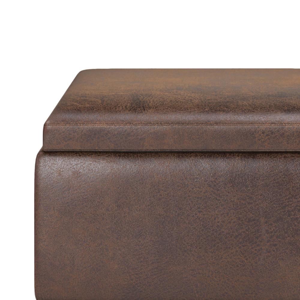 Distressed Chestnut Brown Distressed Vegan Leather | Owen Tray Top Small Coffee Table Storage Ottoman
