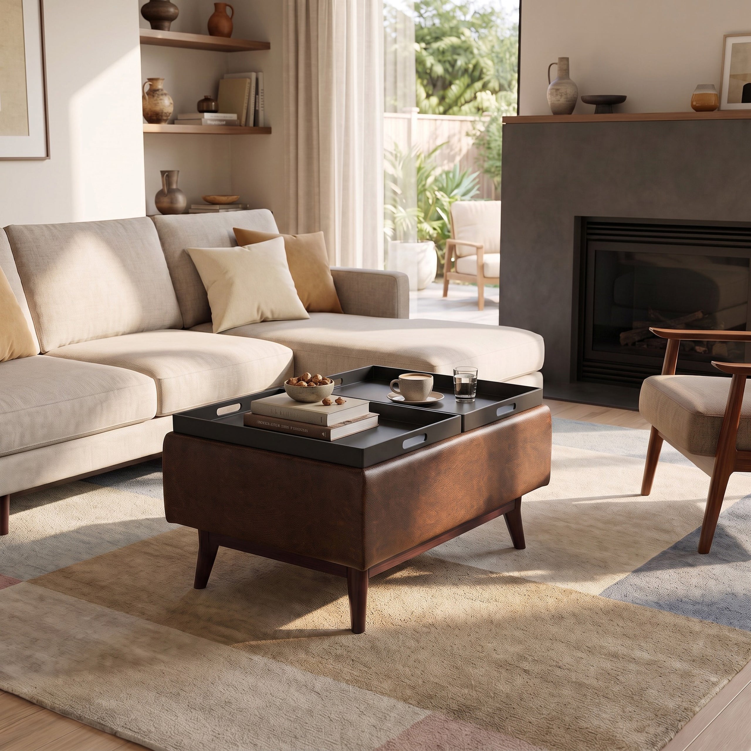 Distressed Chestnut Brown Distressed Vegan Leather | Owen Tray Top Small Coffee Table Storage Ottoman