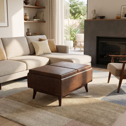 Distressed Chestnut Brown Distressed Vegan Leather | Owen Tray Top Small Coffee Table Storage Ottoman