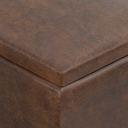 Distressed Chestnut Brown Distressed Vegan Leather | Owen Tray Top Small Coffee Table Storage Ottoman