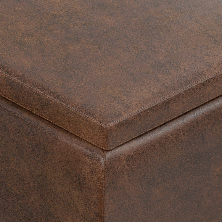 Distressed Chestnut Brown Distressed Vegan Leather | Owen Tray Top Small Coffee Table Storage Ottoman