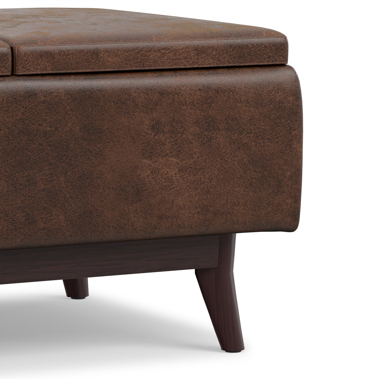 Distressed Chestnut Brown Distressed Vegan Leather | Owen Tray Top Small Coffee Table Storage Ottoman