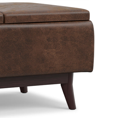 Distressed Chestnut Brown Distressed Vegan Leather | Owen Tray Top Small Coffee Table Storage Ottoman