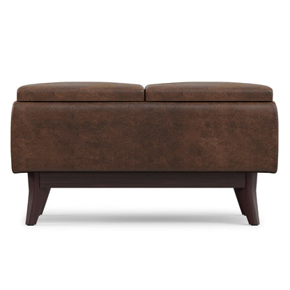 Distressed Chestnut Brown Distressed Vegan Leather | Owen Tray Top Small Coffee Table Storage Ottoman