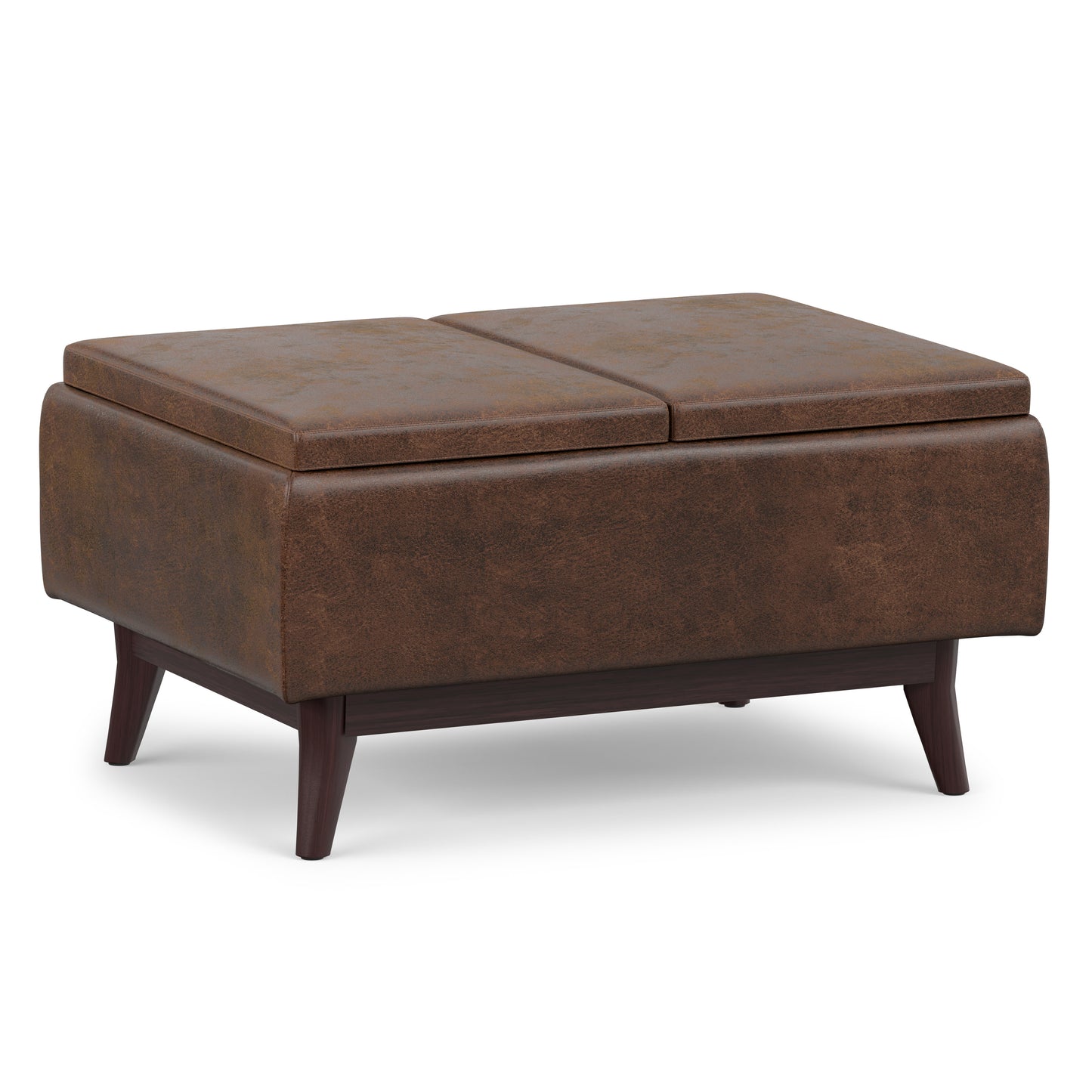 Distressed Chestnut Brown Distressed Vegan Leather | Owen Tray Top Small Coffee Table Storage Ottoman