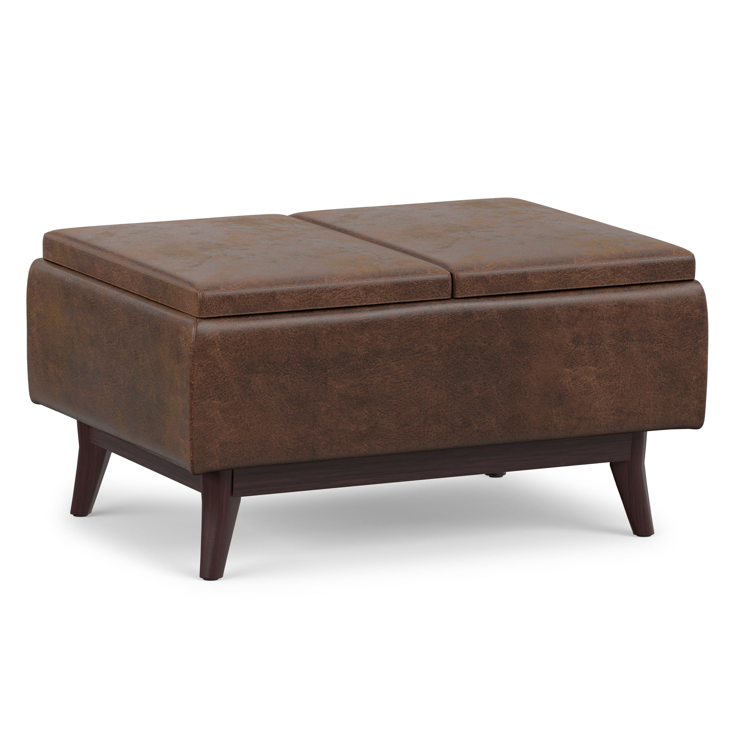 Distressed Chestnut Brown Distressed Vegan Leather | Owen Tray Top Small Coffee Table Storage Ottoman