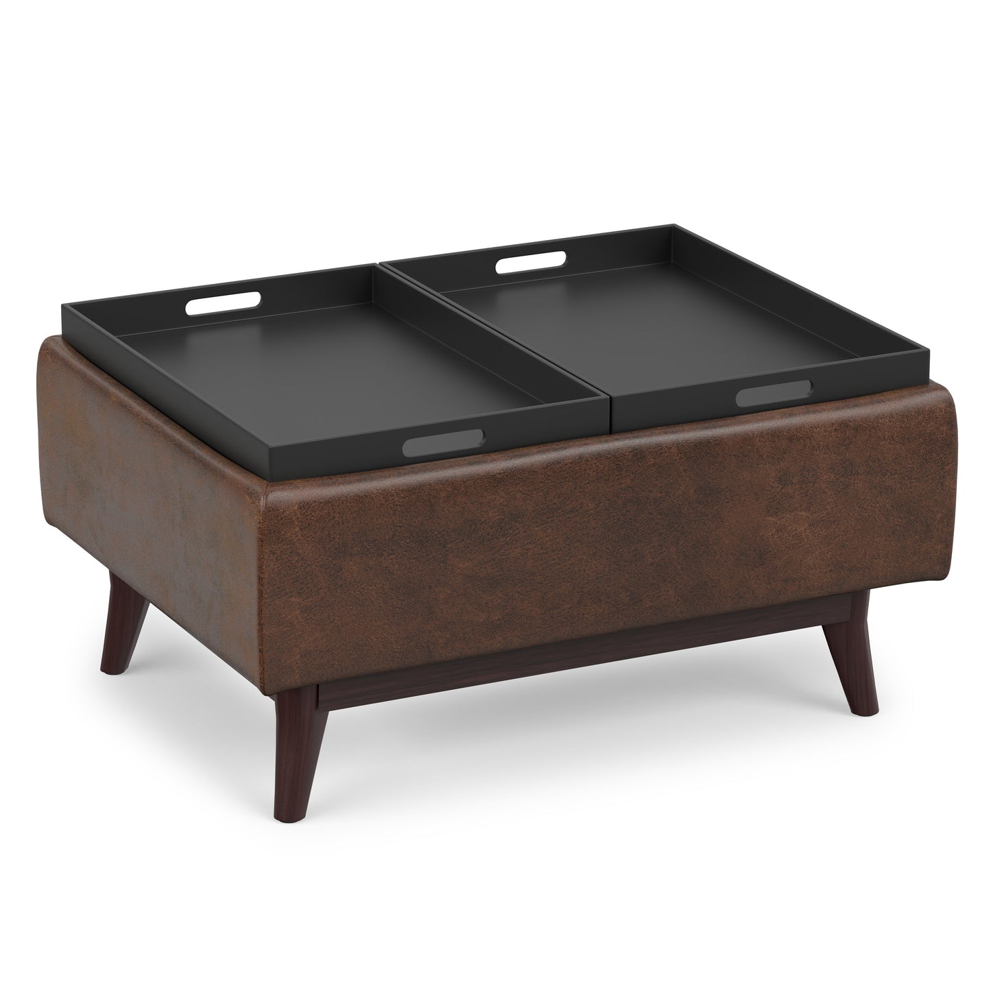 Distressed Chestnut Brown Distressed Vegan Leather | Owen Tray Top Small Coffee Table Storage Ottoman