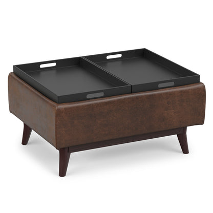 Distressed Chestnut Brown Distressed Vegan Leather | Owen Tray Top Small Coffee Table Storage Ottoman