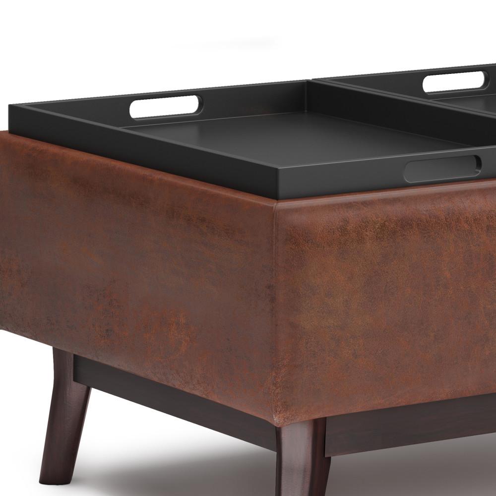 Distressed Saddle Brown Distressed Vegan Leather | Owen Tray Top Small Coffee Table Storage Ottoman