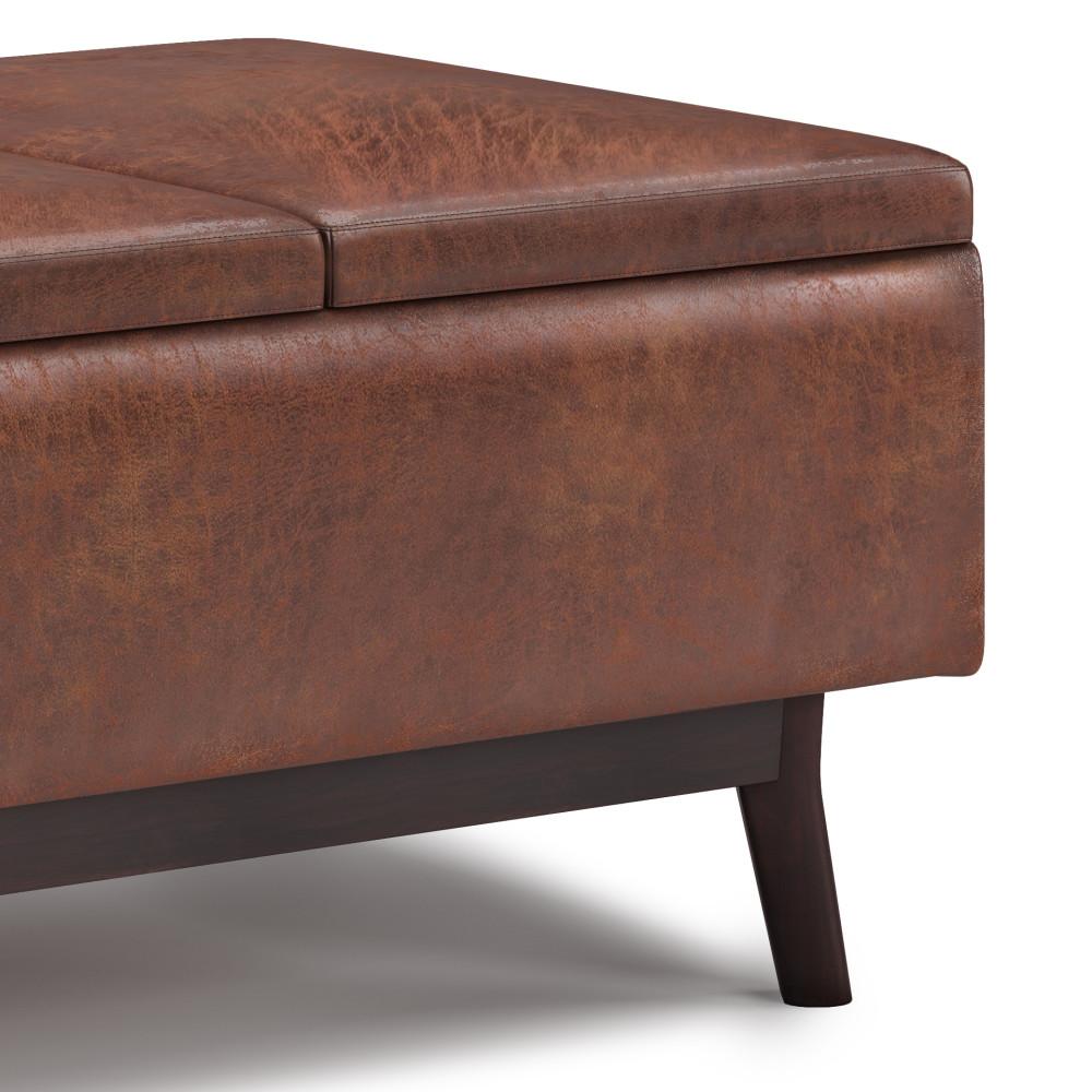 Distressed Saddle Brown Distressed Vegan Leather | Owen Tray Top Small Coffee Table Storage Ottoman