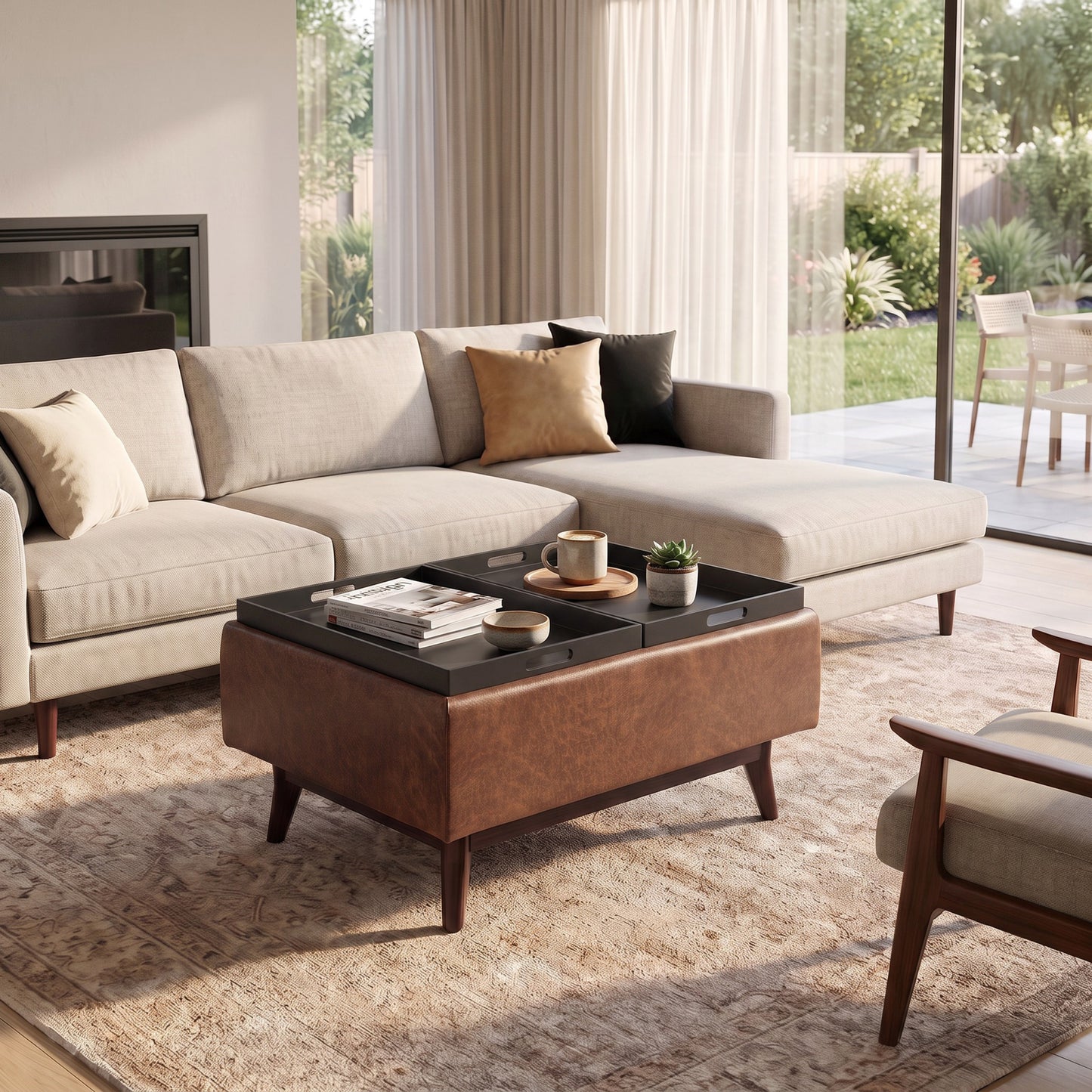 Distressed Saddle Brown Distressed Vegan Leather | Owen Tray Top Small Coffee Table Storage Ottoman