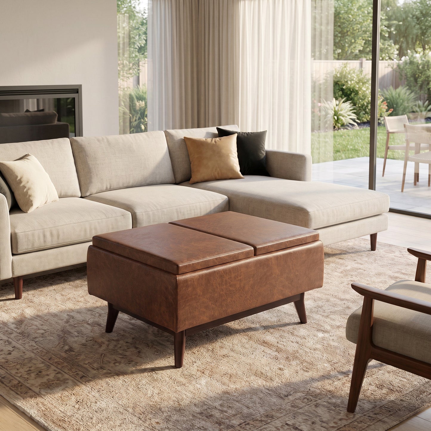 Distressed Saddle Brown Distressed Vegan Leather | Owen Tray Top Small Coffee Table Storage Ottoman