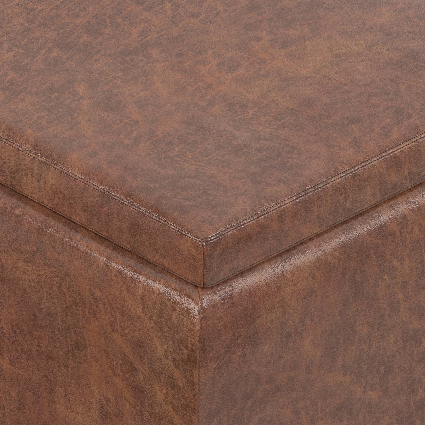 Distressed Saddle Brown Distressed Vegan Leather | Owen Tray Top Small Coffee Table Storage Ottoman