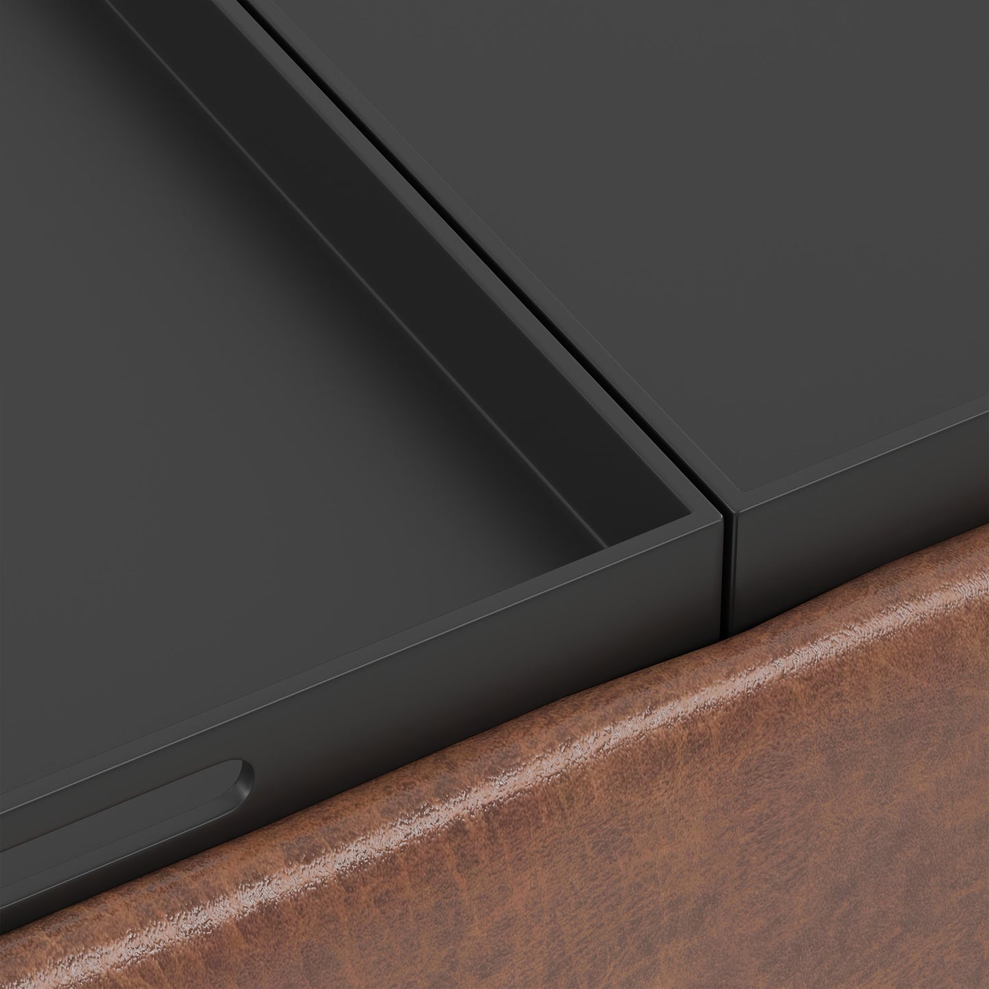 Distressed Saddle Brown Distressed Vegan Leather | Owen Tray Top Small Coffee Table Storage Ottoman