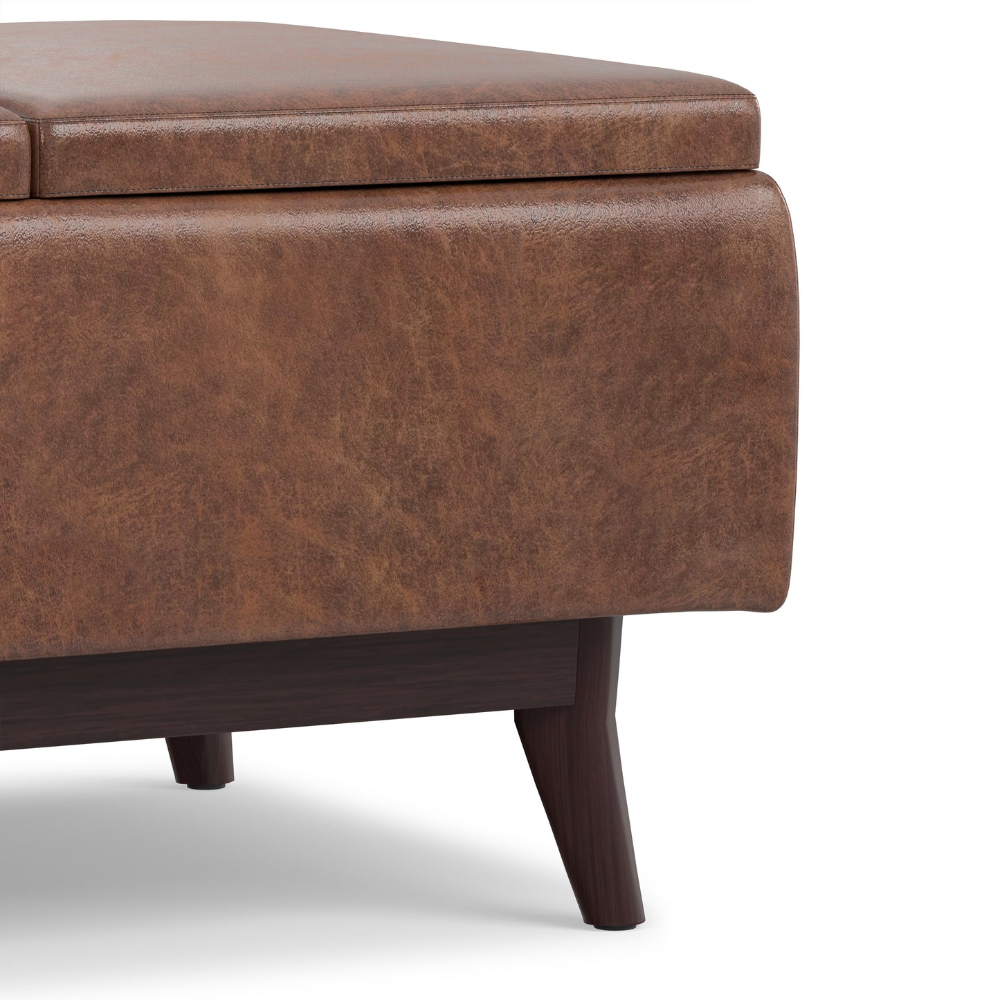 Distressed Saddle Brown Distressed Vegan Leather | Owen Tray Top Small Coffee Table Storage Ottoman
