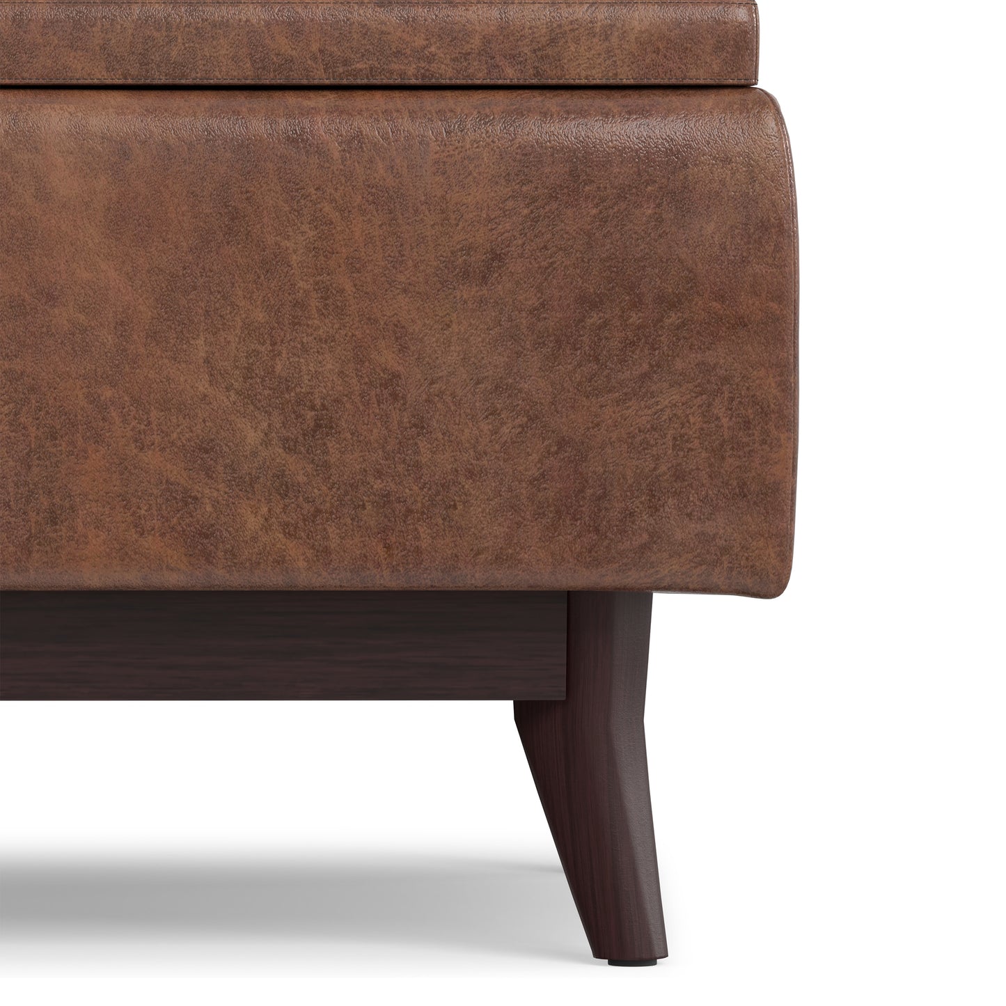 Distressed Saddle Brown Distressed Vegan Leather | Owen Tray Top Small Coffee Table Storage Ottoman