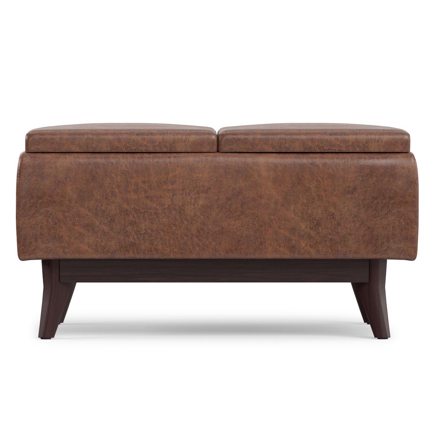 Distressed Saddle Brown Distressed Vegan Leather | Owen Tray Top Small Coffee Table Storage Ottoman