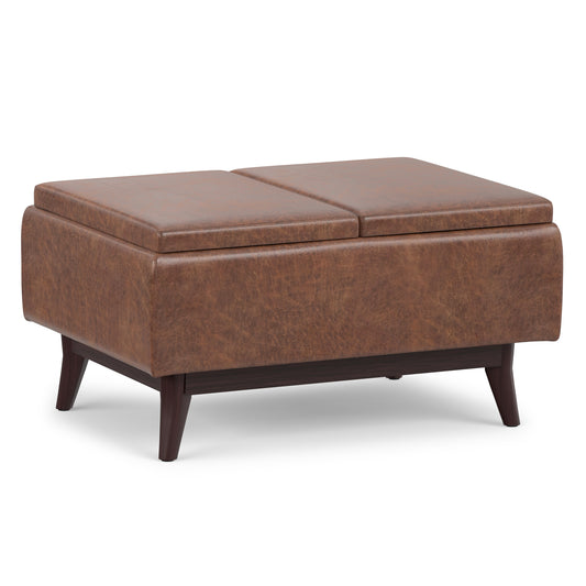 Distressed Saddle Brown Distressed Vegan Leather | Owen Tray Top Small Coffee Table Storage Ottoman