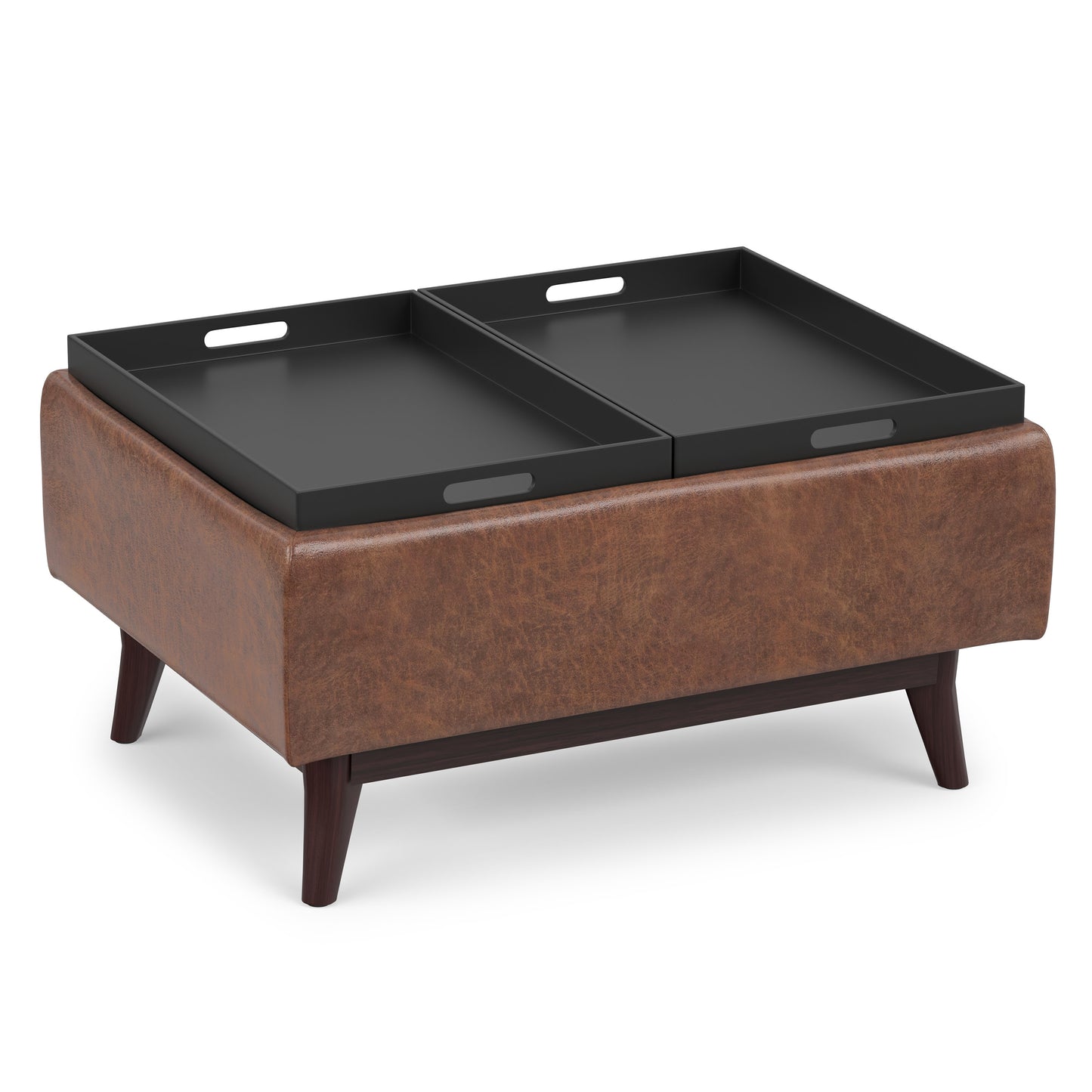 Distressed Saddle Brown Distressed Vegan Leather | Owen Tray Top Small Coffee Table Storage Ottoman