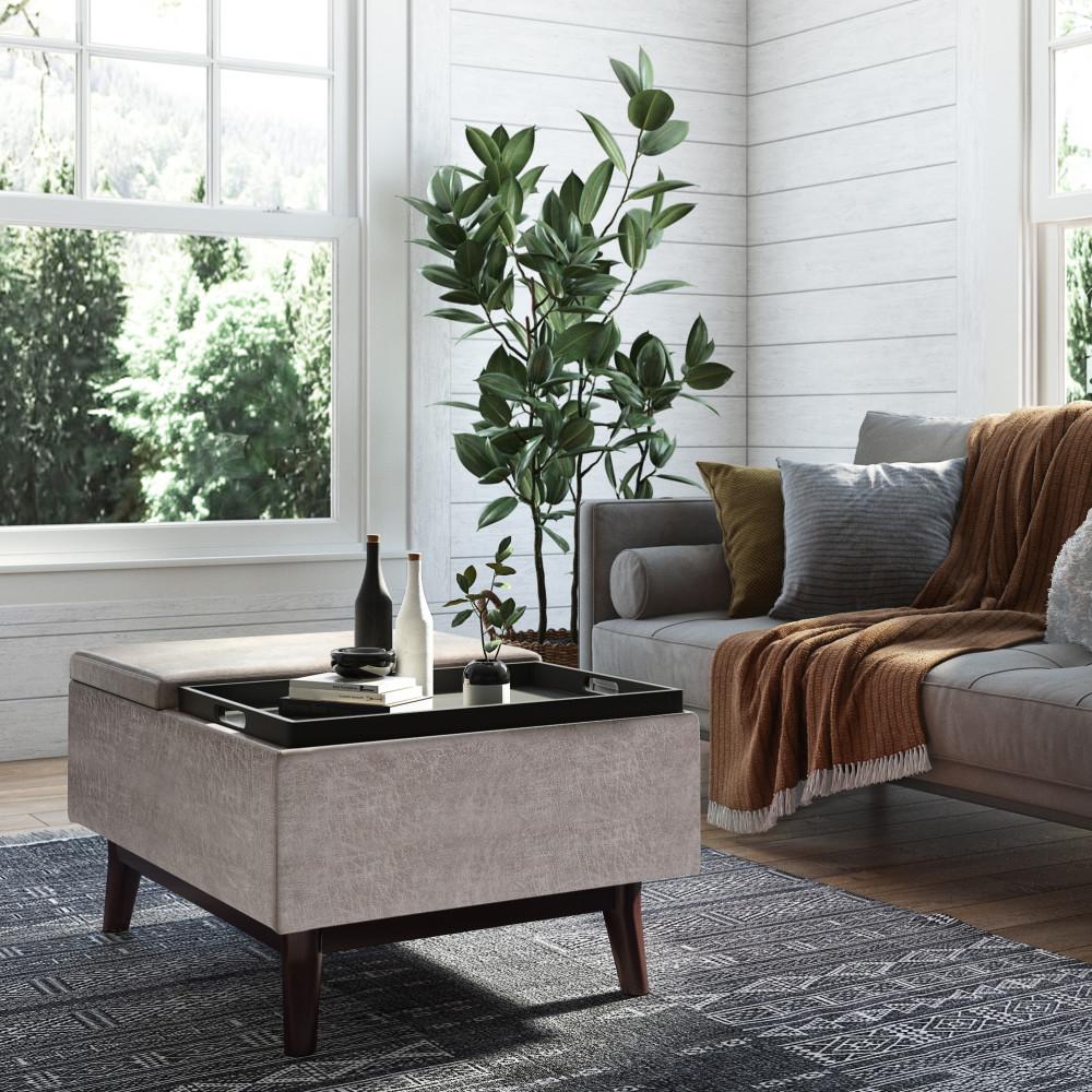 Distressed Grey Distressed Vegan Leather | Owen Tray Top Small Coffee Table Storage Ottoman