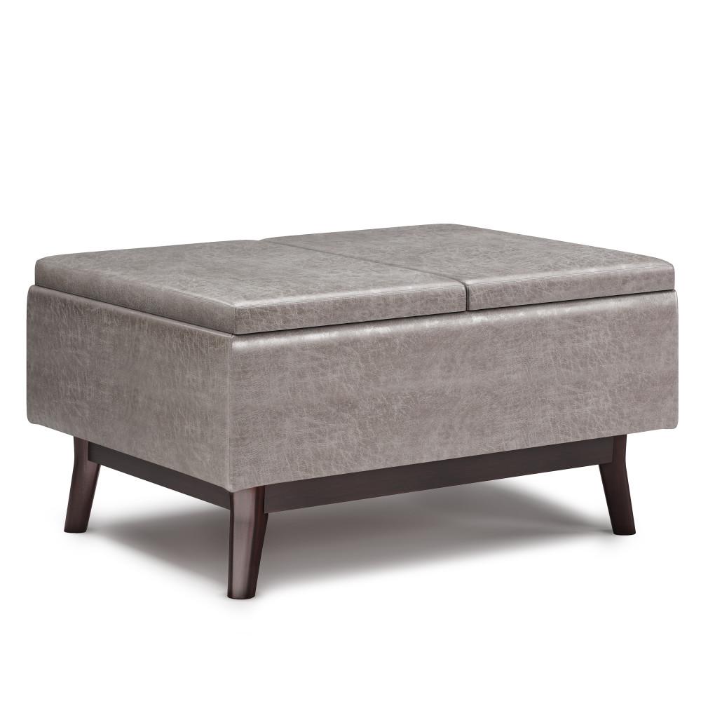 Distressed Grey Distressed Vegan Leather | Owen Tray Top Small Coffee Table Storage Ottoman