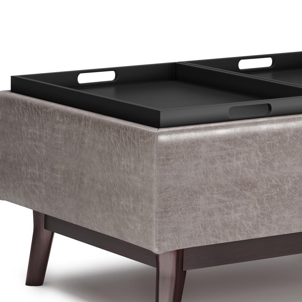 Distressed Grey Distressed Vegan Leather | Owen Tray Top Small Coffee Table Storage Ottoman